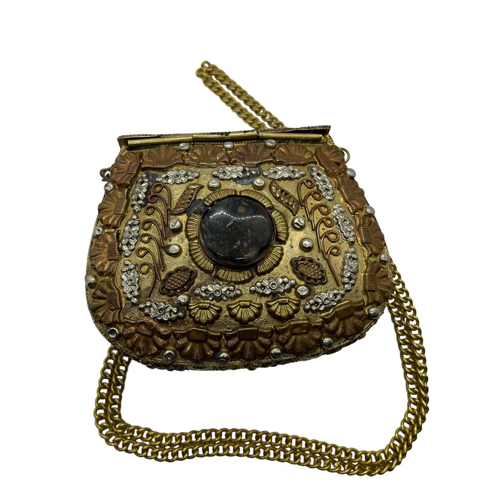 Metal Purse Mini Bag Sajai Agate Scroll Clamshell Semi-Precious Stones Brass